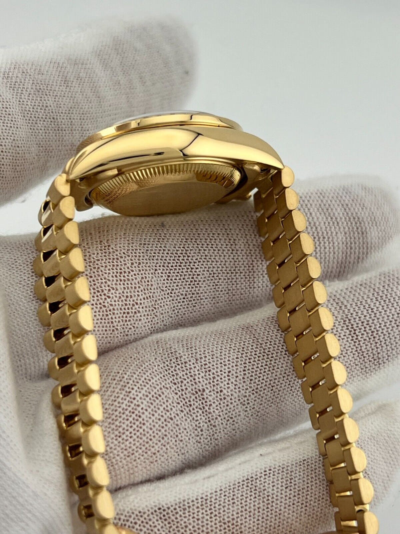 Rolex Ladies President 69138 String Dial Diamond Bezel 18K Yellow Gold Box Paper