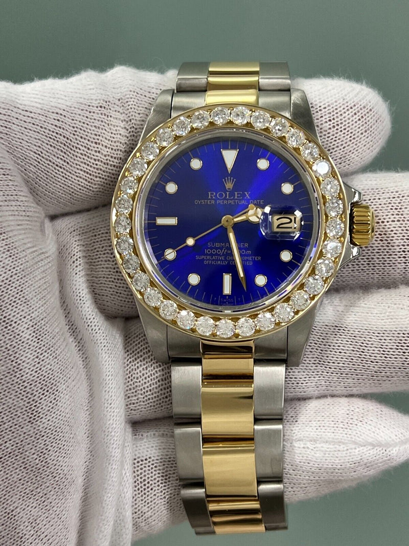 Rolex Submariner 16803 Blue Dial Diamond Bezel 18K Yellow Gold Stainless Steel