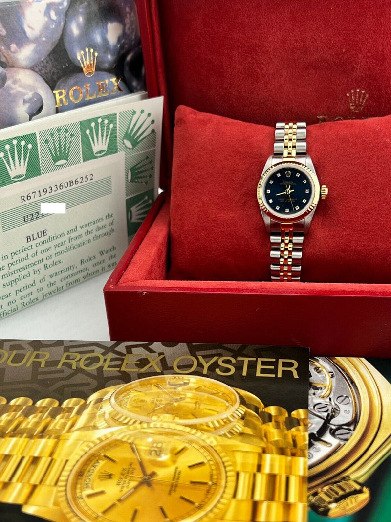 Rolex Oyster Perpetual Ladies 67193 Blue Diamond Dial 18K Gold Steel Box Papers