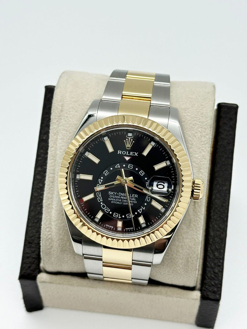 Rolex Sky Dweller 326933 42mm Black Dial 18K Yellow Gold Stainless Box Paper