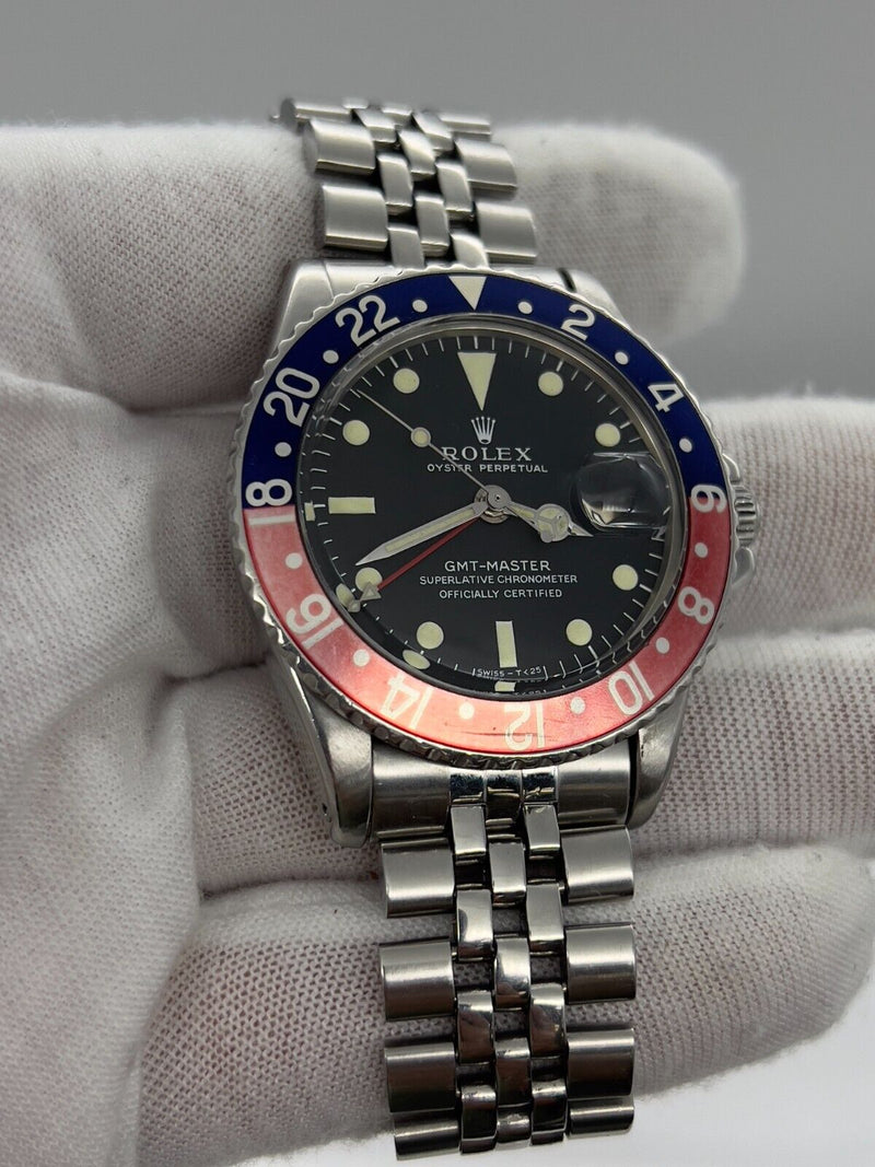 VINTAGE Rolex GMT Master 1675 Pepsi Red Blue Steel Jubilee Box Service Paper