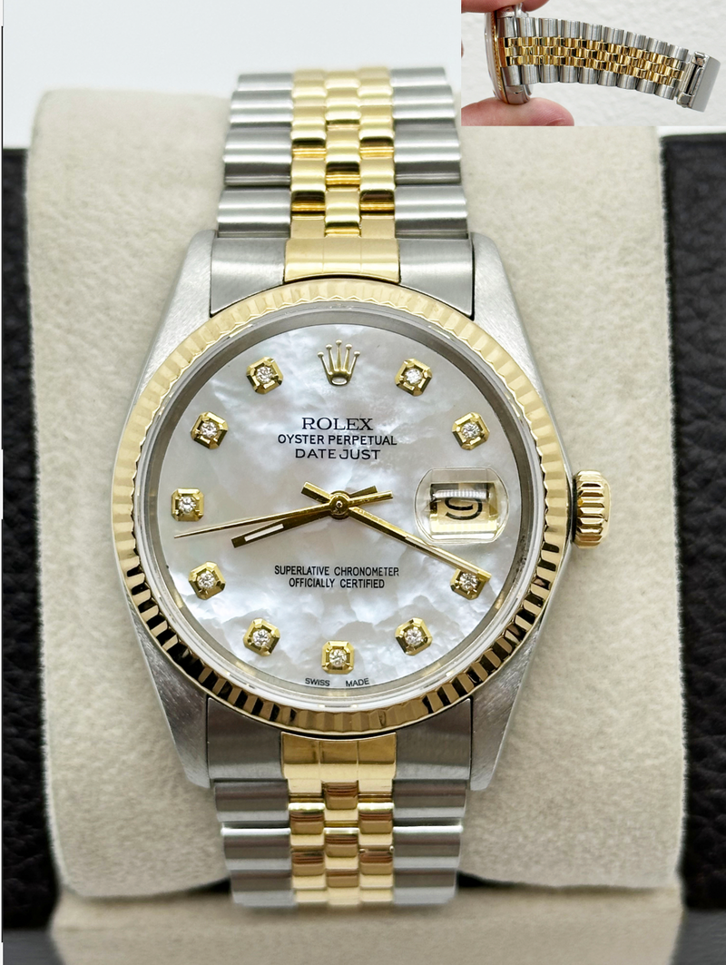 Rolex 16013 Datejust 36mm White MOP Diamond Dial 18K Yellow Gold Stainless