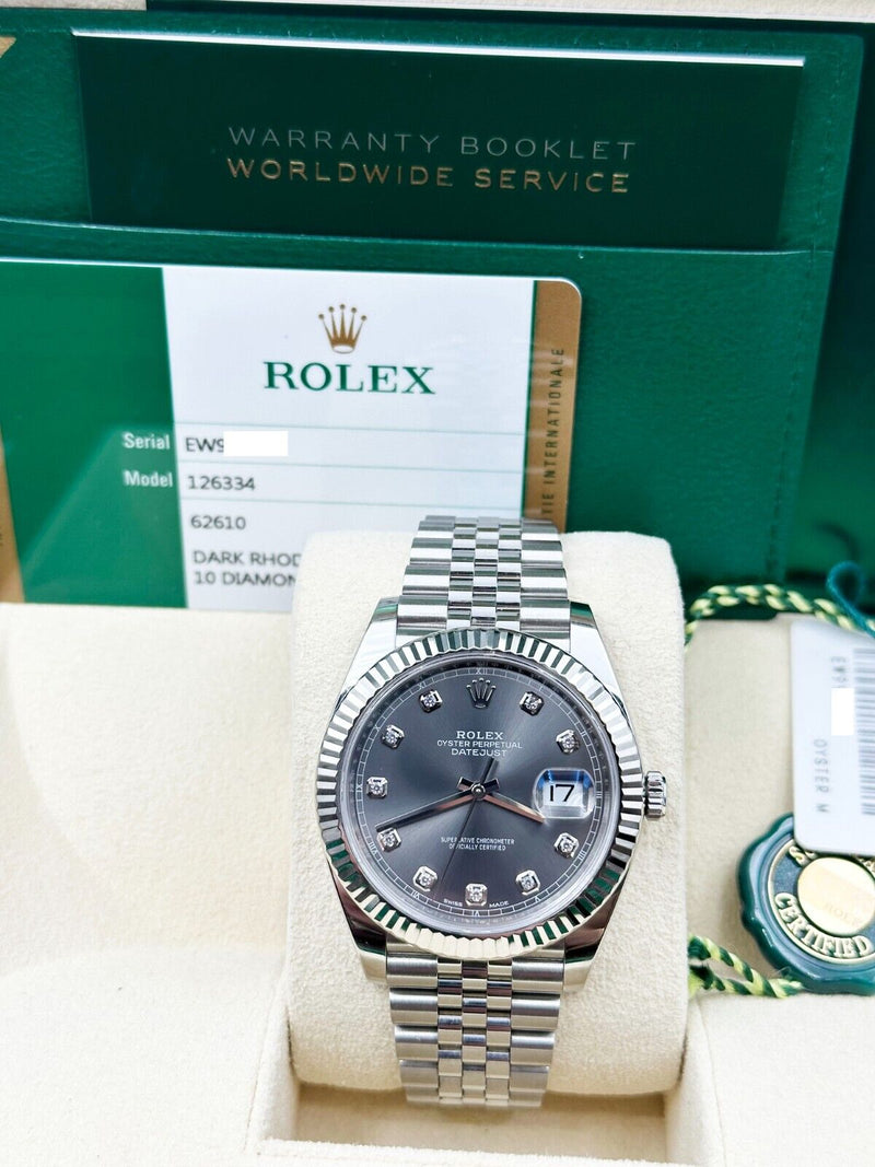 Rolex 126334 Datejust 41 Rhodium Diamond Dial Stainless Steel Box Paper