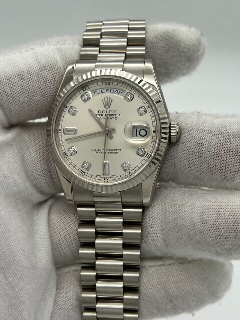 Rolex President Day Date 118239 Silver Diamond Dial 18K White Gold 36mm Box