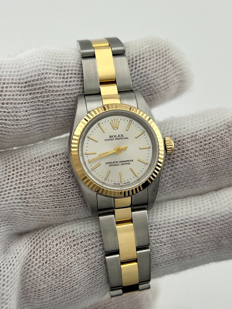 Rolex Ladies Oyster Perpetual 76193 18K Yellow Gold Steel Box Paper 26mm