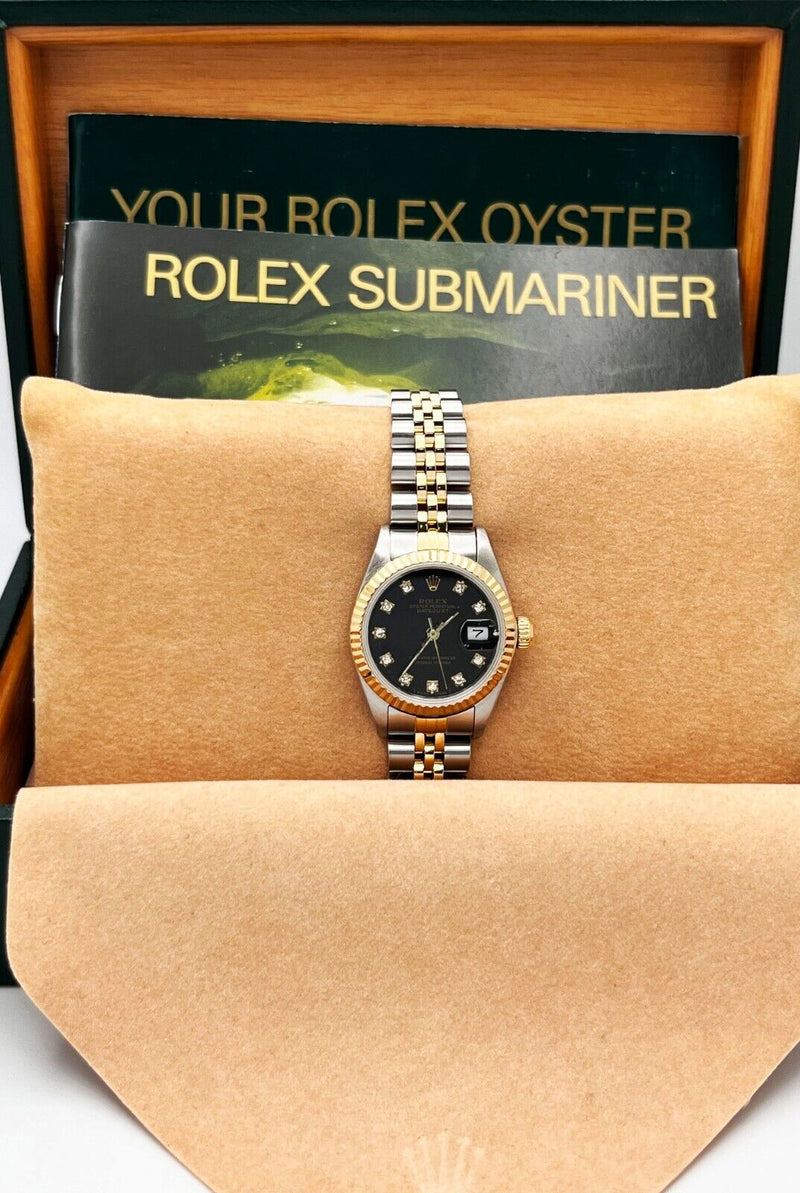 Rolex Datejust Ladies 69173 Black Diamond Dial 18K Yellow Gold Stainless Steel