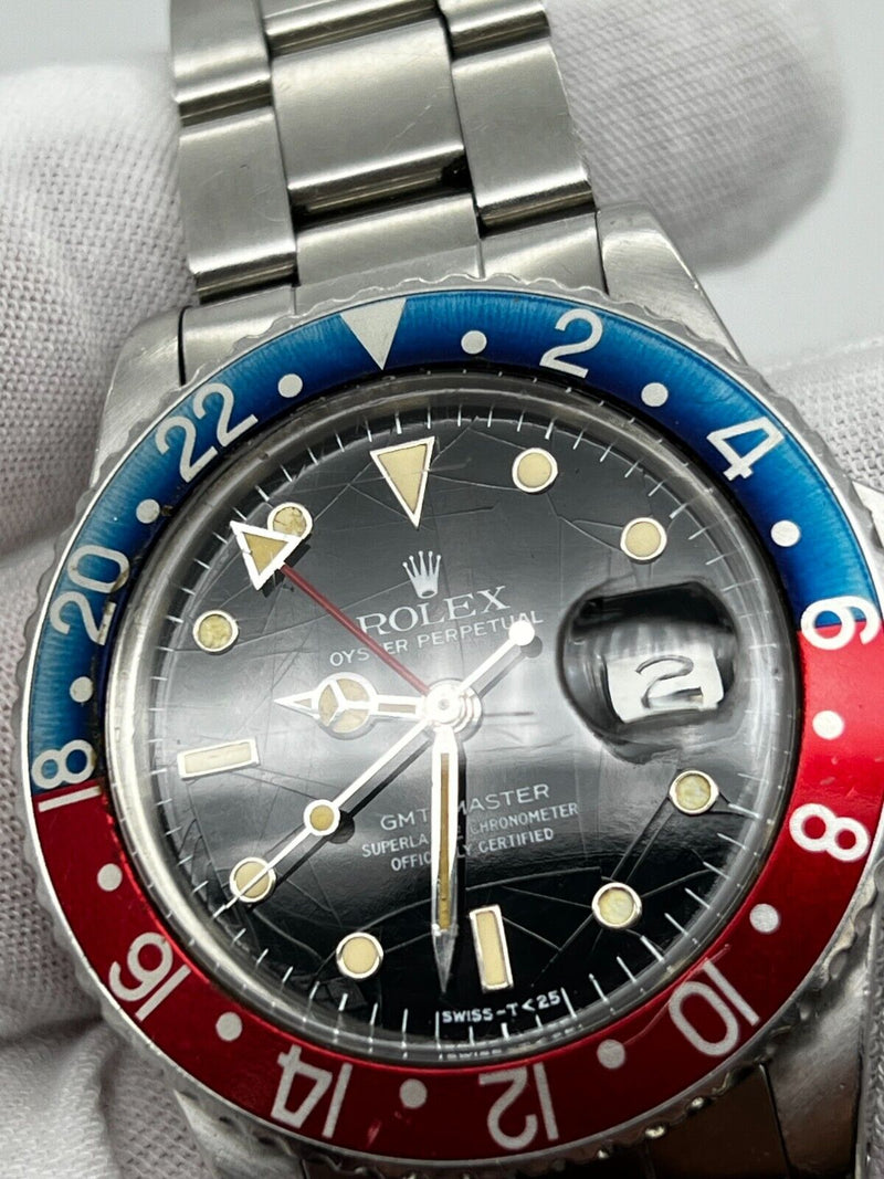 Rare Rolex 16750 GMT Master Pepsi Stainless Steel Original Spider Glossy Dial