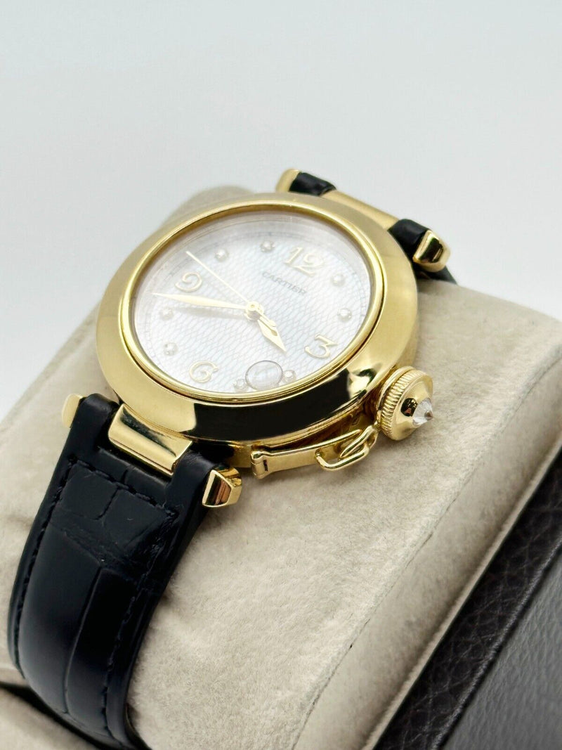 Cartier Pasha 1035 35m MOP Dial 18K Yellow Gold Leather Strap Service Paper