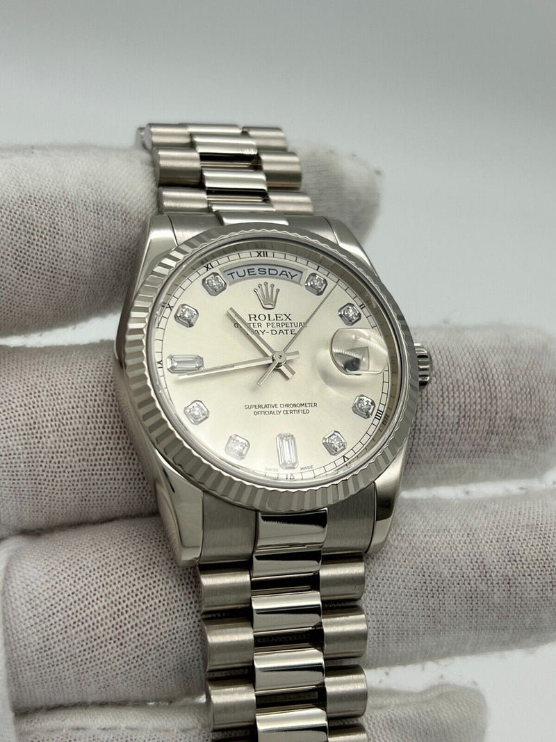 Rolex President Day Date 118239 Silver Diamond Dial 18K White Gold 36mm Box