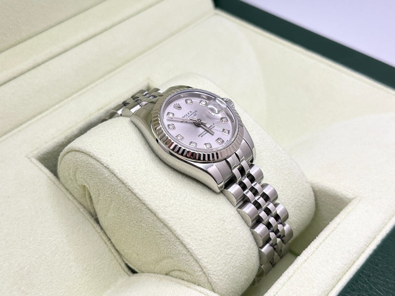 Rolex Ladies Datejust 179174 26mm Silver Diamond Dial 18k Gold Steel B