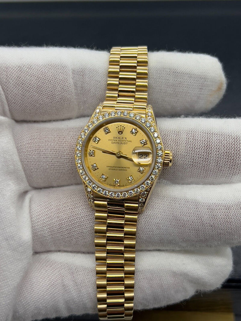 Rolex Ladies President 69158 Factory Diamond Dial Diamond Bezel & Lugs 18K Gold