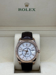 Rolex Sky Dweller 326135 42mm Rose Gold White Dial Leather Strap Rolex Box