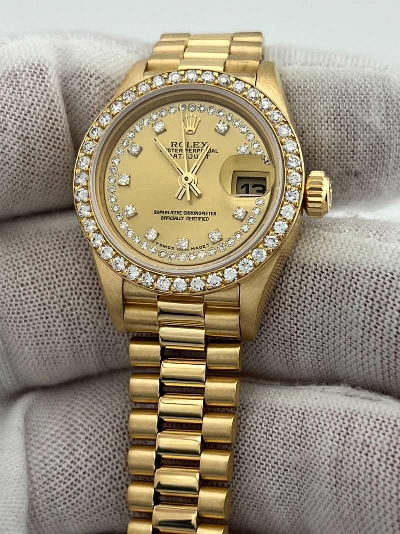 Rolex Ladies President 69138 String Dial Diamond Bezel 18K Yellow Gold Box Paper