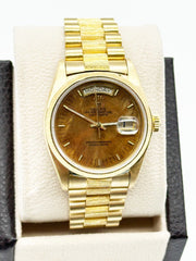 Rolex 18078 President Day Date 36mm Bark Finish Walnut Wood Dial 18K Yellow Gold