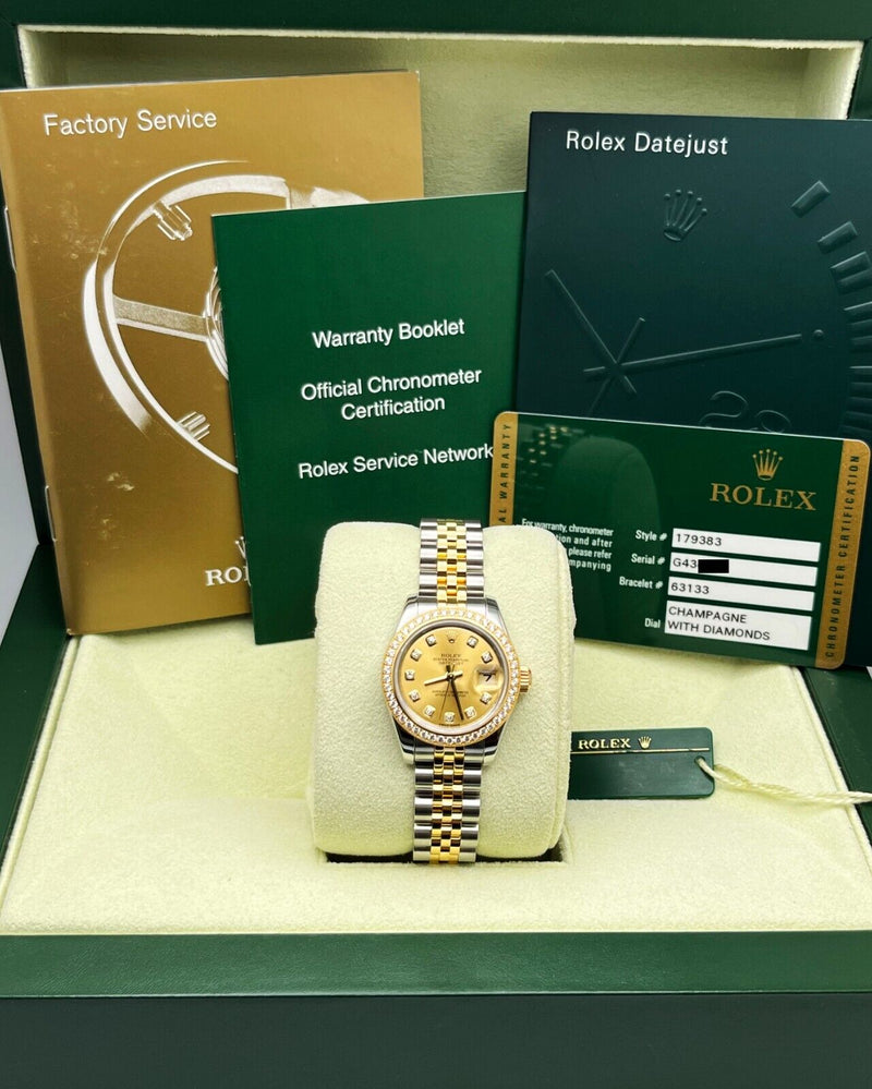 Rolex 179383 Ladies Datejust Diamond Dial Bezel 18K Yellow Gold Steel Box Paper