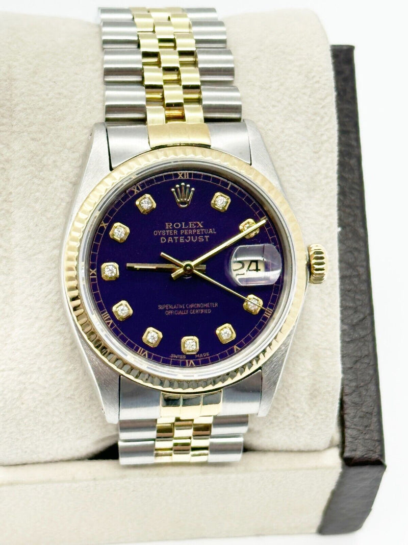 Rolex 16013 Datejust 36mm Purple Diamond Dial 18K Yellow Gold Stainless Steel