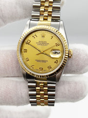 Rolex Datejust 16233 Champagne Arabic Dial 18K Yellow Gold Stainless Box Papers