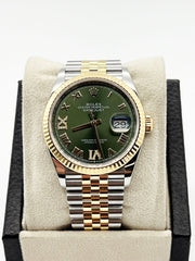 Rolex 126233 Datejust Olive Green Roman Diamond 18K Yellow Gold Steel Box Paper