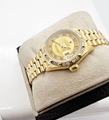 Rolex 69258 Ladies President Diamond Dial Bezel 18K Yellow Gold Box Paper