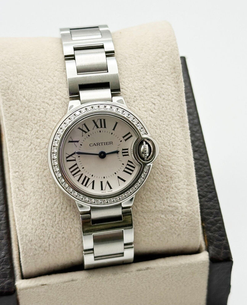 Cartier W4BB0015 3009 Ladies 28mm Ballon Bleu Diamond Bezel Stainless Box Paper