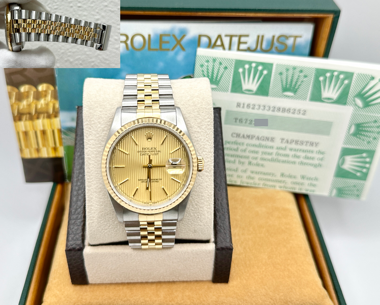 Rolex Datejust 16233 36mm Champagne Tapestry Dial 18k Gold Steel Box P