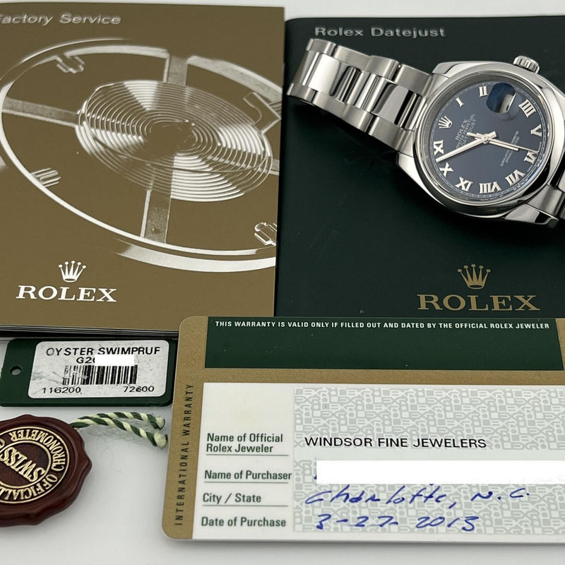 Rolex Datejust 116200 36mm Blue Roman Dial Stainless Steel Box Paper 2013