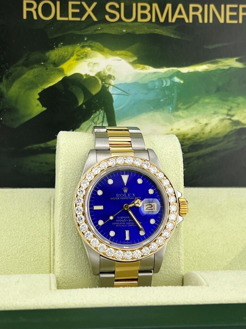 Rolex Submariner 16803 Blue Dial Diamond Bezel 18K Yellow Gold Stainless Steel