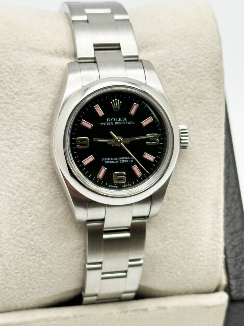 Rolex 176200 Ladies Oyster Perpetual Black Dial Pink Markers Steel Box Papers