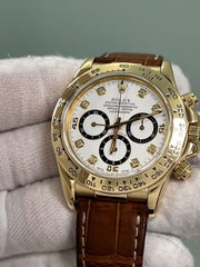 Rolex Daytona 16518 White Diamond Dial  Inverted 6 18K Yellow Gold Leather Band