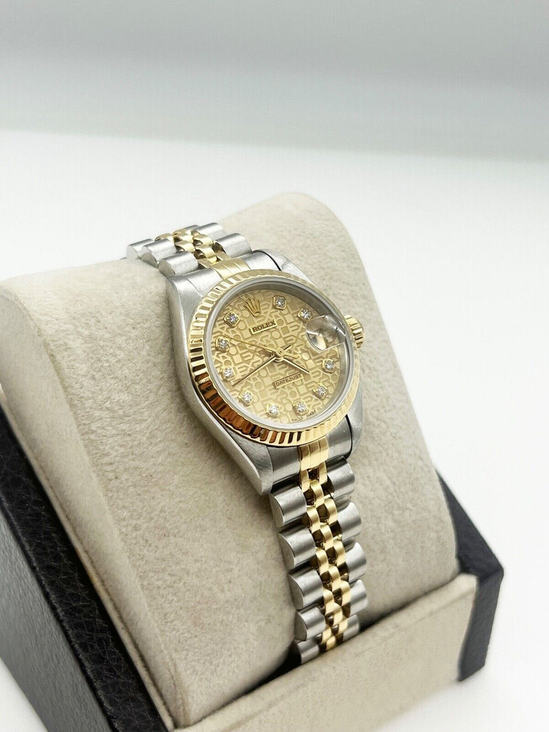 Rolex Ladies Datejust 69173 Jubilee Serti Diamond Dial 18K Gold Steel Box Papers