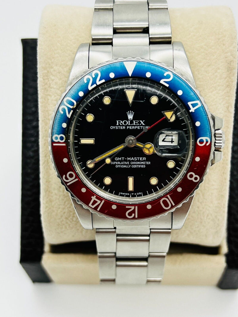 Rare Rolex 16750 GMT Master Pepsi Stainless Steel Original Spider Glossy Dial