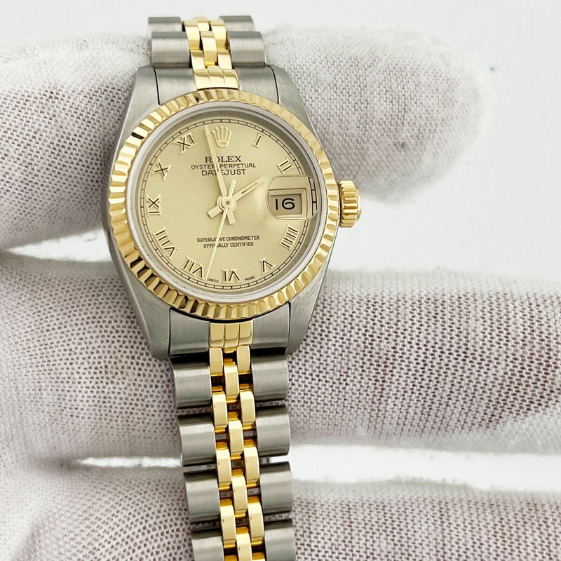 Rolex Ladies Datejust 69173 Champagne Roman Dial 18K Gold Steel Service Card