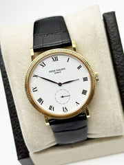 Patek 3919J Calatrava 18K Yellow Gold White Roman Dial Leather Strap