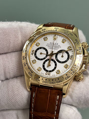 Rolex Daytona 16518 White Diamond Dial  Inverted 6 18K Yellow Gold Leather Band