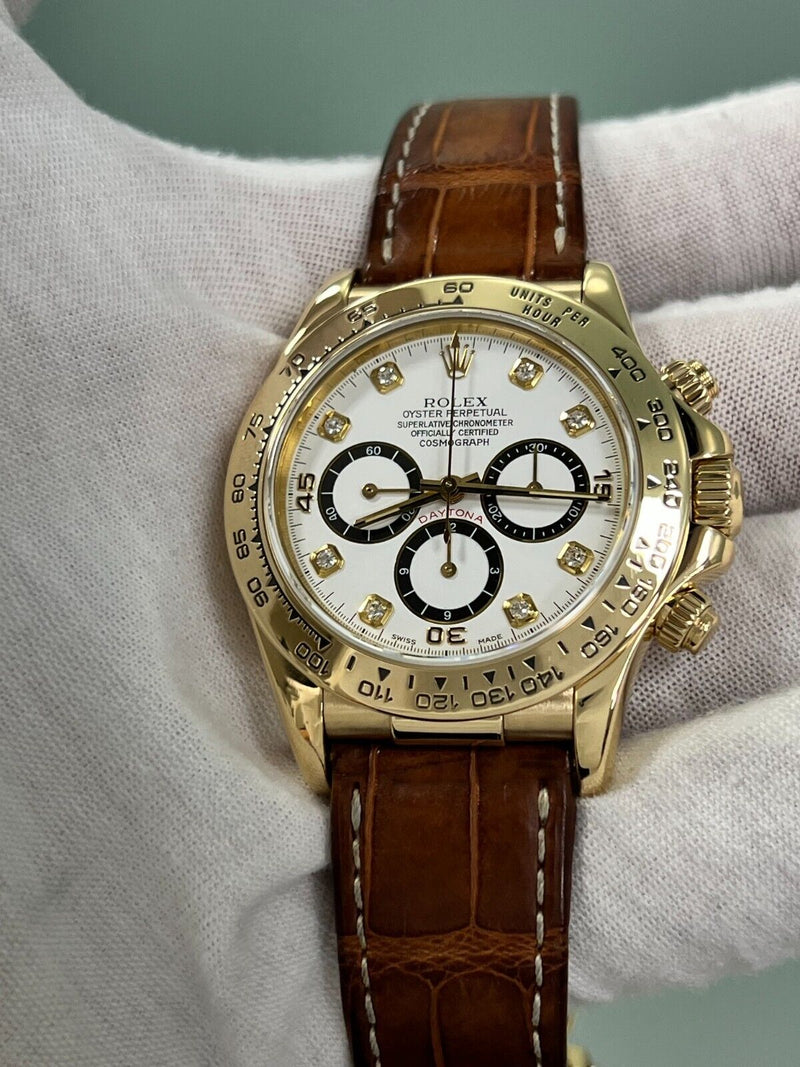 Rolex Daytona 16518 White Diamond Dial  Inverted 6 18K Yellow Gold Leather Band