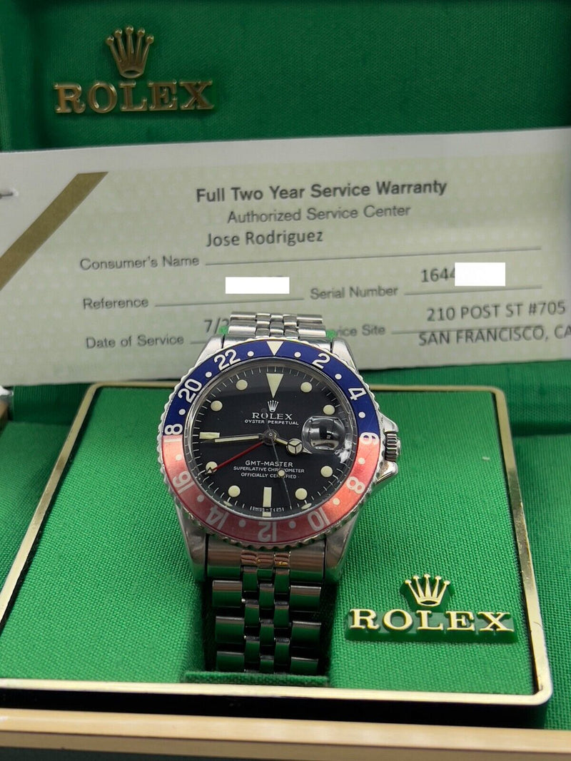 VINTAGE Rolex GMT Master 1675 Pepsi Red Blue Steel Jubilee Box Service Paper