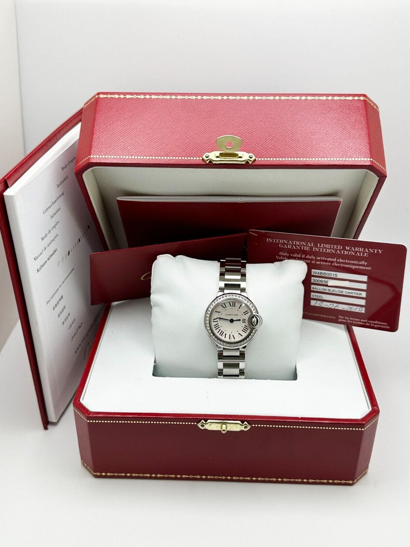 Cartier W4BB0015 3009 Ladies 28mm Ballon Bleu Diamond Bezel Stainless Box Paper