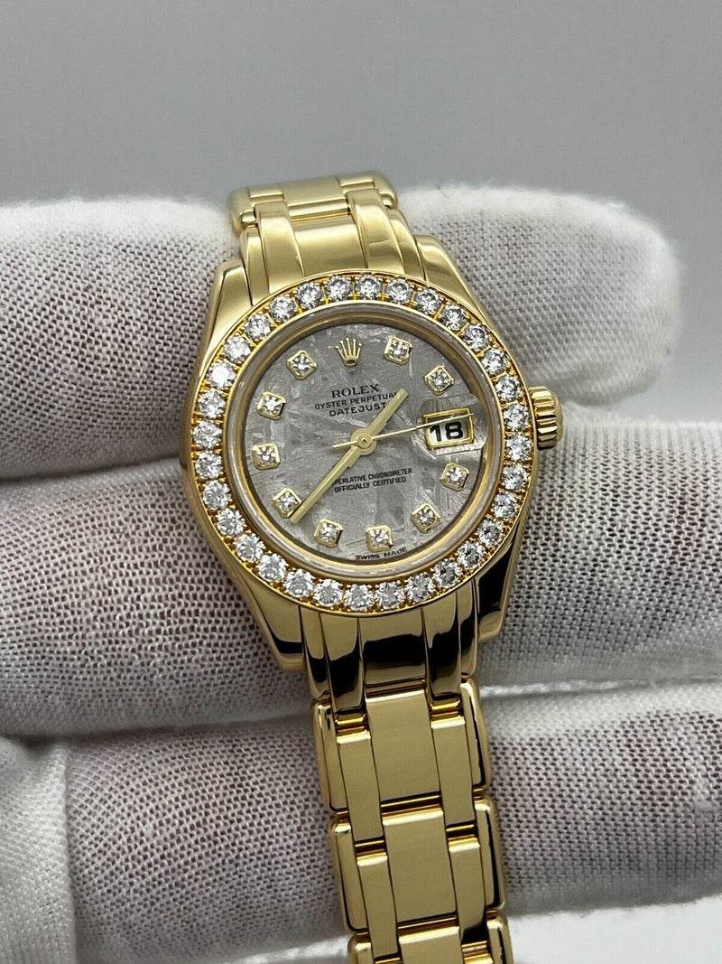 Rolex 80298 Ladies Pearlmaster Meteorite Dial Diamond 18K Yellow Gold Box Paper