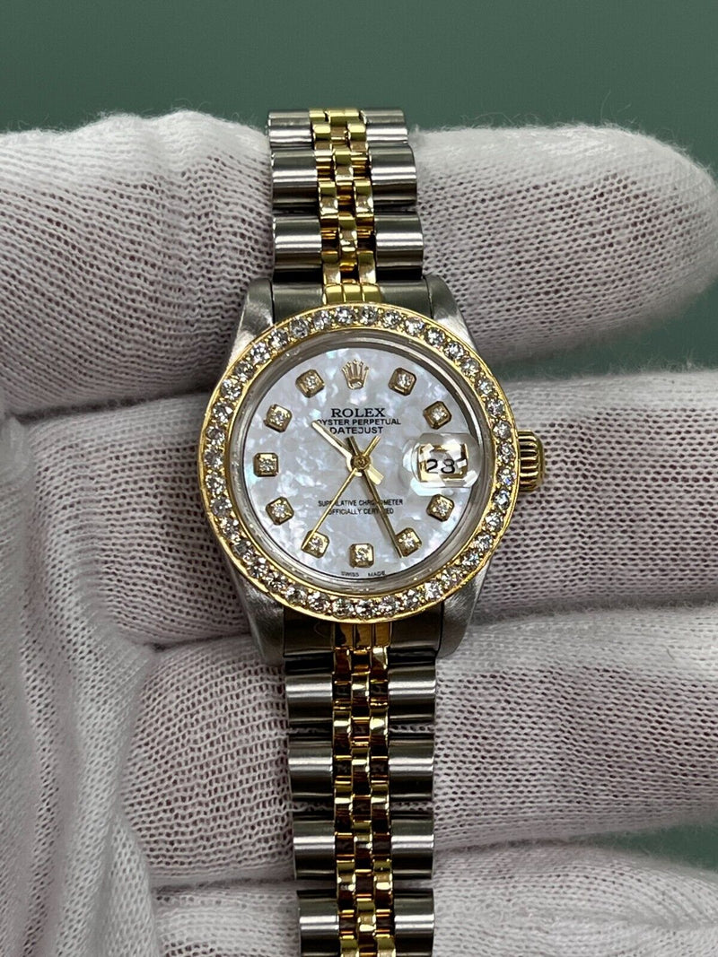 Rolex Ladies Datejust 69173 MOP Diamond Dial Bezel 18K Yellow Gold Steel 26mm