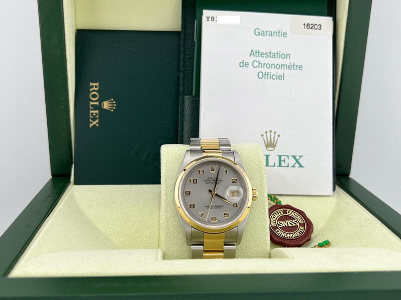 Rolex Datejust 16203 Silver Arabic Dial 18K Yellow Gold Steel Box Paper 2003