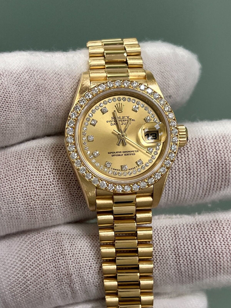 Rolex Ladies President 69138 String Dial Diamond Bezel 18K Yellow Gold Box Paper