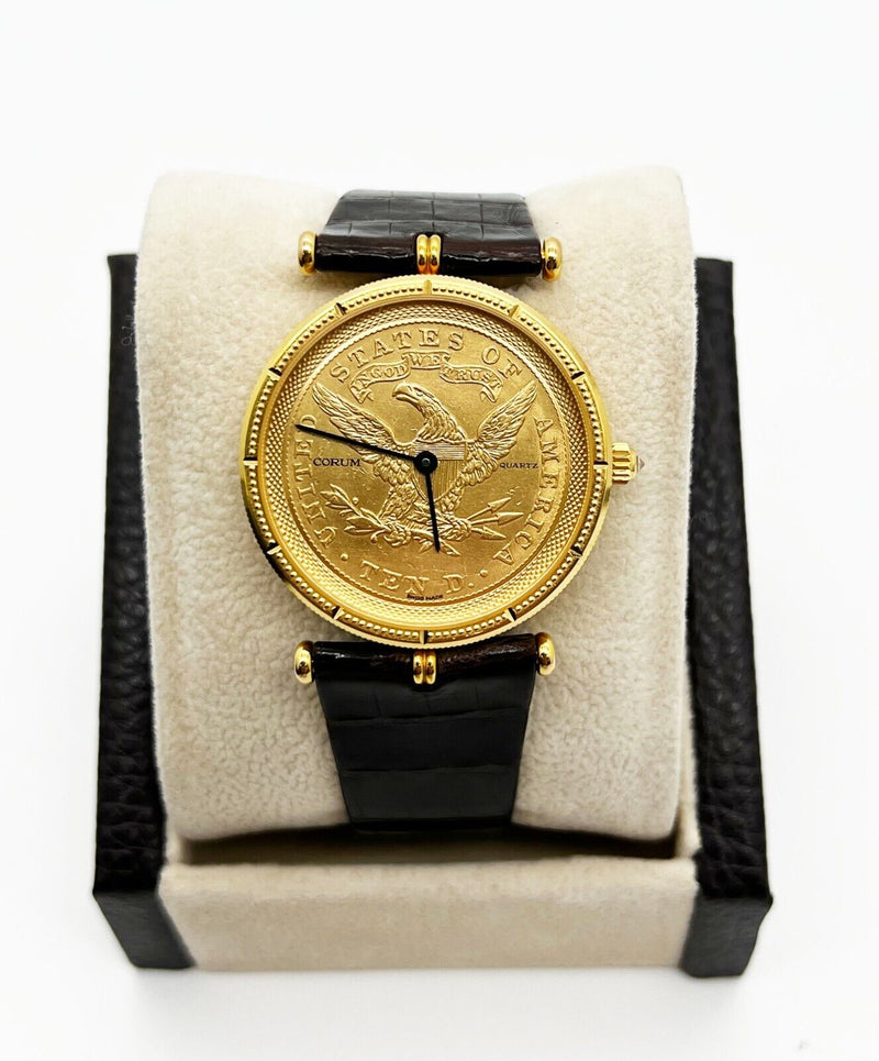 Corum $10 Coin Watch 1893 18K Yellow Gold Leather Strap Travel Pouch Paper