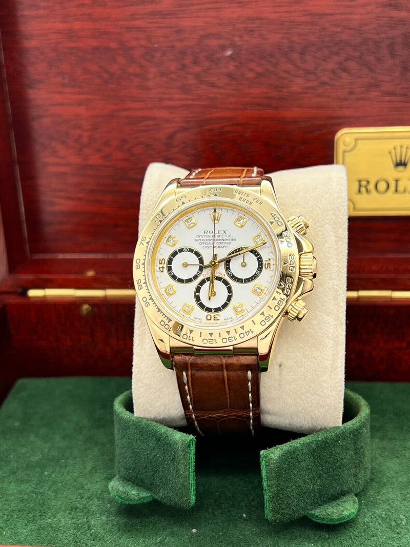 Rolex Daytona 16518 White Diamond Dial  Inverted 6 18K Yellow Gold Leather Band