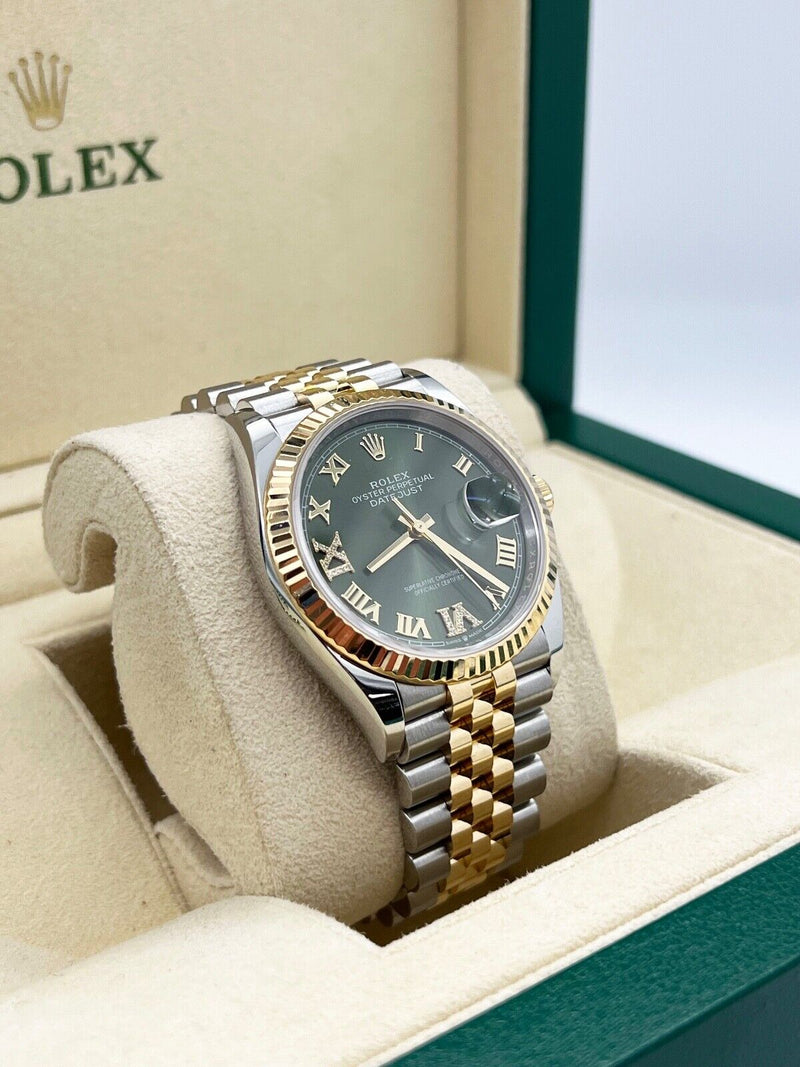 Rolex 126233 Datejust Olive Green Roman Diamond 18K Yellow Gold Steel Box Paper