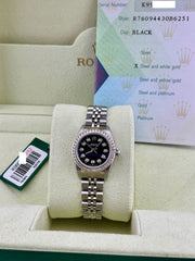 Rolex Ladies Oyster Perpetual 76094 Black Dial Steel Jubilee Band Box Paper 24mm