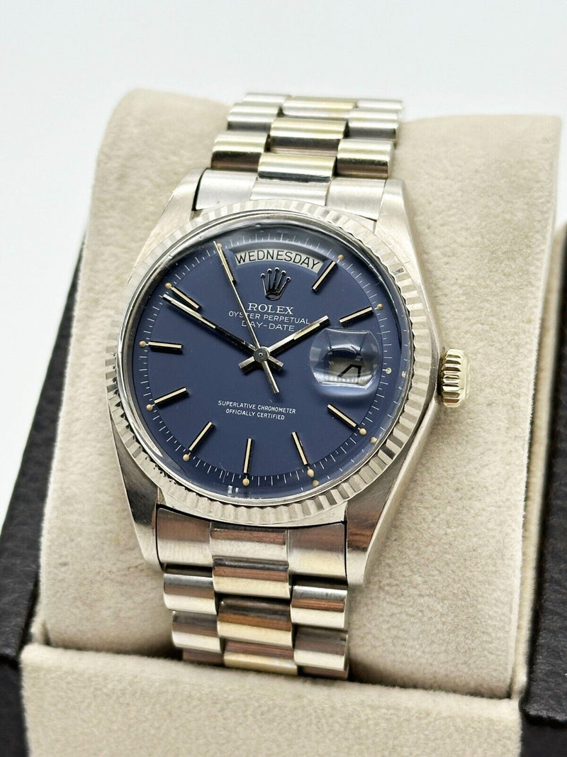 VINTAGE Rolex President 1803 Matte Blue Dial 18K White Gold Box Paper UNPOLISHED