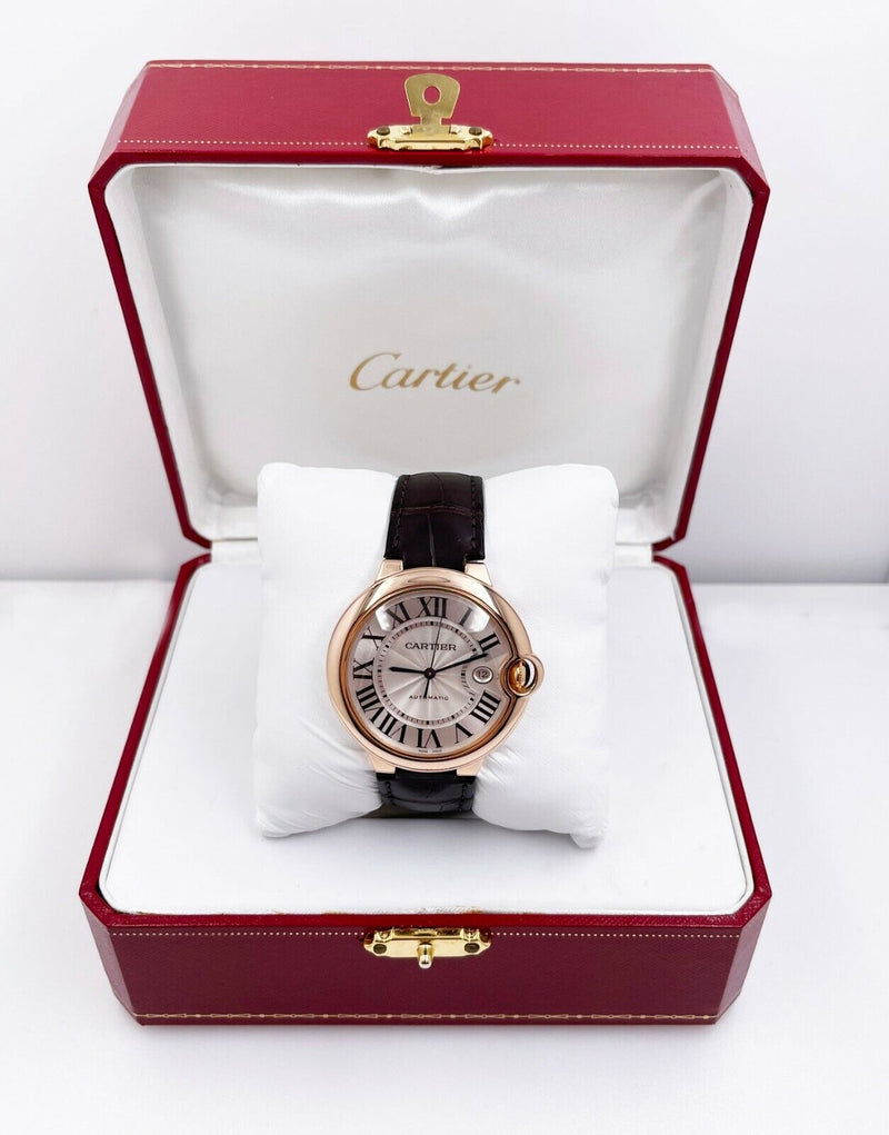 Cartier Ref 2998  Ballon Bleu 18K Rose Gold Brown Leather Band Box Paper