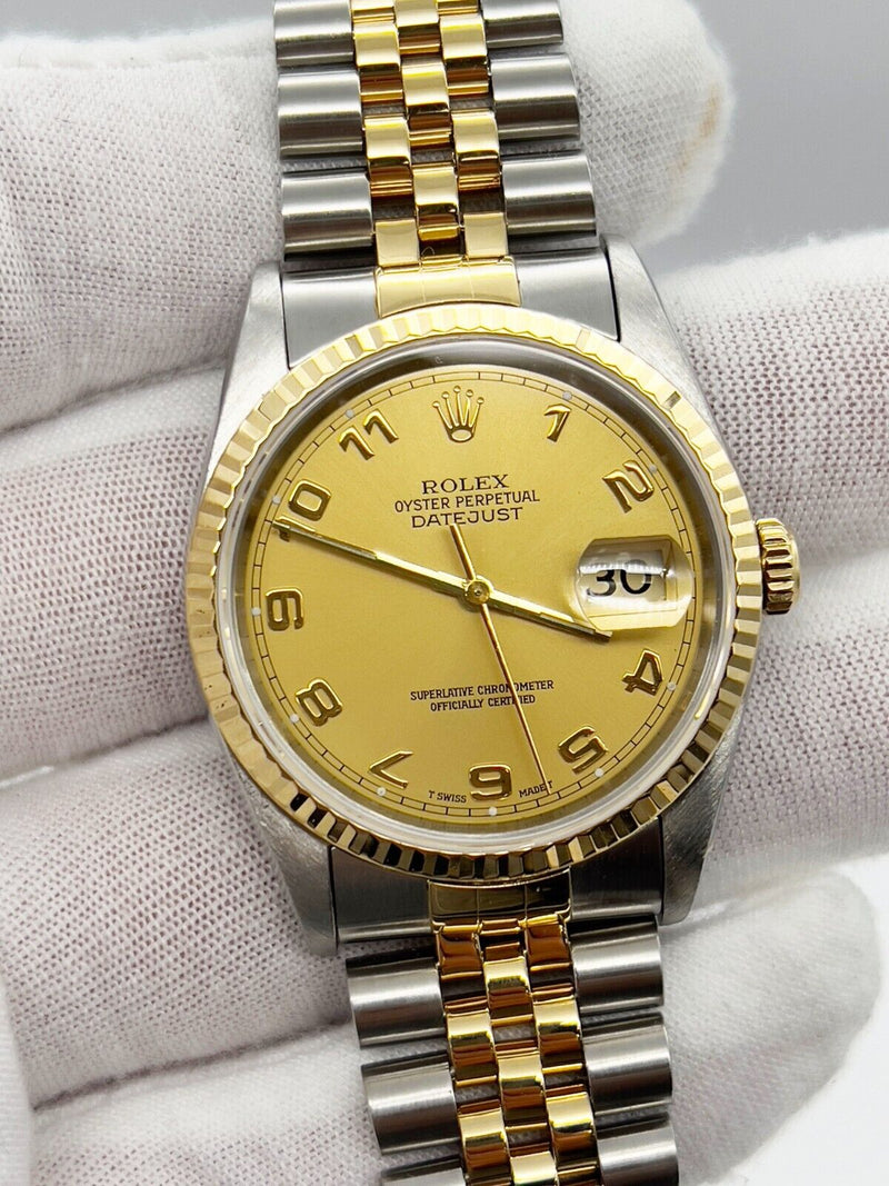 Rolex Datejust 16233 Champagne Arabic Dial 18K Yellow Gold Stainless Box Papers