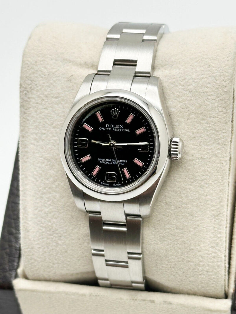 Rolex 176200 Ladies Oyster Perpetual Black Dial Pink Markers Steel Box Papers