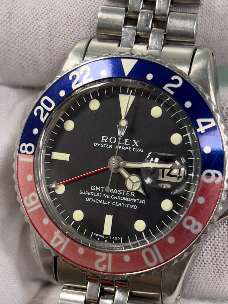 VINTAGE Rolex GMT Master 1675 Pepsi Red Blue Steel Jubilee Box Service Paper